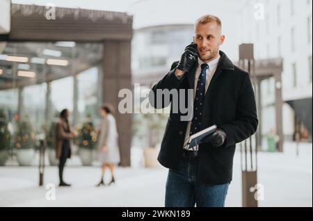 Homme d'affaires confiant dans un manteau à l'aide d'un téléphone intelligent et portant une tablette dans une rue de la ville avec des décorations de Noël en arrière-plan. Banque D'Images