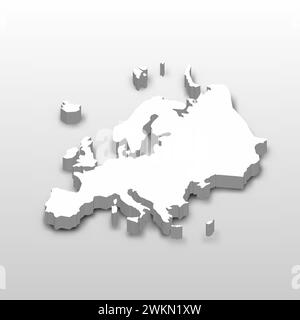 Carte 3D du continent européen. Carte vectorielle blanche extrudée avec ombre portée sur fond gris clair. Illustration de Vecteur