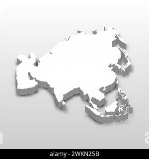 Carte 3D du continent asiatique. Carte vectorielle blanche extrudée avec ombre portée sur fond gris clair. Illustration de Vecteur