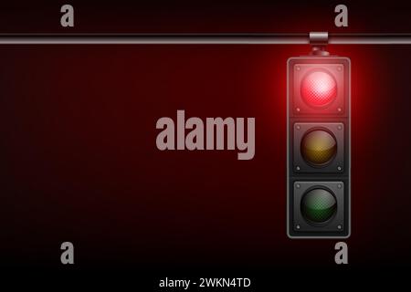 Bannière réaliste vectorielle avec feu de circulation suspendu avec signal d'interdiction rouge brillant isolé sur fond noir Illustration de Vecteur