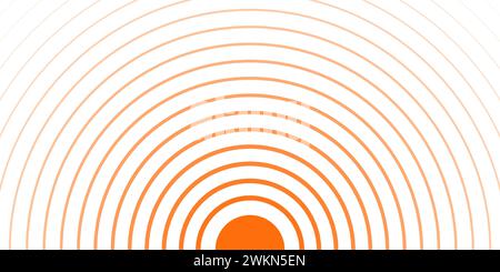 Bannière de cercles concentriques orange. Répétition radiale. Soleil, lumière du soleil, lever du soleil, coucher du soleil, fond de rafale de soleil. Ondulations, impact, ondes sonar, épicentre, signal radar, papier peint cible. Illustration vectorielle plate Illustration de Vecteur