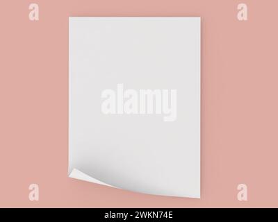 Une feuille de papier A4 courbé sur fond orange. illustration de rendu 3d. Banque D'Images