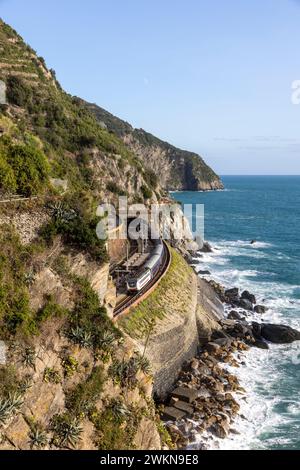 Manarola est l'une des cinq villes qui composent Cinque Terre dans la Riviera italienne et est accessible par le train qui voyage le long de la côte entre remorquage Banque D'Images