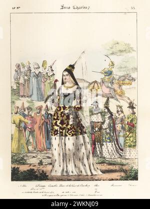 Dame à la cour du roi Charles VII en hennin, robe brodée, jupes d'hermine, avec faucon en chapeau, Philippe le bien de Bourgogne et autres royaux, nobles, chevaliers, etc Nobles, Philippe Duc de Bourgogne, Conseiller, Dame de la Cour de Charles 7, Roi ou Duc, Princesses, Prince. Sous Charles 7. Lithographie coloriée à la main par Godard d'après une illustration de Charles Auguste Herbé à partir de ses propres costumes Français, civils, militaires et religieux, costumes Français, civil, militaire et religieux, Maison Martinet, Paris, 1837. Banque D'Images
