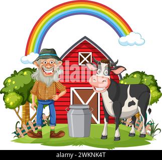 Fermier joyeux debout à côté d'une vache et d'une grange. Illustration de Vecteur