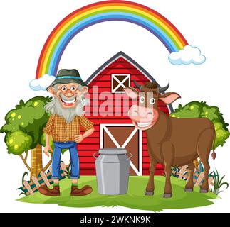 Fermier joyeux debout à côté d'une vache brune. Illustration de Vecteur