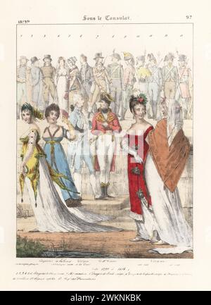 Costumes du Consulat : courtisans en costume grec ancien et russe, Napoléon comme premier Consul, citoyens en costumes de bal et de villa, XVIIIe siècle. Antique grecq, citoyens a la Cour, Antique russe, le premier Consul, citoyenne. Sous le Consulat. Lithographie coloriée à la main par Godard d'après une illustration de Charles Auguste Herbé à partir de ses propres costumes Français, civils, militaires et religieux, costumes Français, civil, militaire et religieux, Maison Martinet, Paris, 1837. Banque D'Images