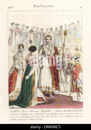 Napoléon et Joséphine en robes de cérémonie pour leur couronnement, avec demoiselle d'honneur, ministres et marshalls, 1801. Costumes du premier Empire, XIXe siècle. Joséphine, Dame d'honneur, Napoléon, Ministre e Marechal, Garde Chambellan. Sous Napoléon. Lithographie coloriée à la main par Godard d'après une illustration de Charles Auguste Herbé à partir de ses propres costumes Français, civils, militaires et religieux, costumes Français, civil, militaire et religieux, Maison Martinet, Paris, 1837. Banque D'Images