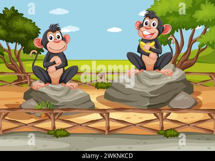Deux singes heureux assis sur des rochers au-dessus d'un pont Illustration de Vecteur