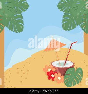 Boire dans la moitié de noix de coco avec paille de cocktail, parapluie à l'intérieur, fleurs et feuille de monstera sur la plage. Copier l'espace. Isoler. EPS. Vecteur pour cartes, affiches, bannières, brochures ou web, étiquette de prix, etiquette Illustration de Vecteur