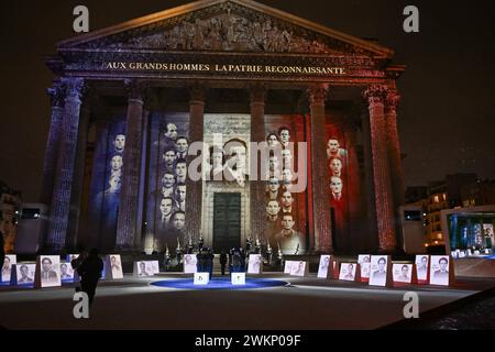 Cérémonie d'État pour l'intronisation au mausolée du Panthéon de Missak Manouchian et de son épouse Melinee, à Paris, France, le 21 février 2024. Lors d'une cérémonie solennelle dans le majestueux bâtiment du Panthéon mercredi, le président français a rendu hommage à la mémoire de Missak Manouchian et son épouse, Melinee, également résistante, ont été inhumés dans le mausolée abritant les héros nationaux de la France. Les noms de 23 des autres résistants de Manouchian, dont la plupart ont été abattus avec lui le 21 février 1944, seront gravés dans la voûte où le couple a été inhumé. Photo de Jacques Witt/Poo Banque D'Images