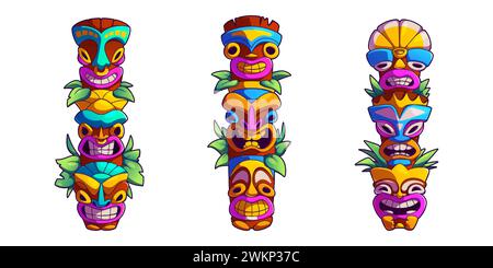 Masques Tiki ensemble isolé sur fond blanc. Illustration vectorielle de totems en bois tribaux, attributs traditionnels hawaïens ou polynésiens, visages effrayants avec bouche dentée, décorés de feuilles Illustration de Vecteur