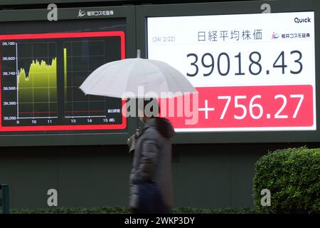 Un passant marche devant la moyenne des parts de Nikkei du Japon affichée sur un panneau à Tokyo, au Japon, le 22 février 2024. La moyenne des actions Nikkei a dépassé les 39 000 jeudi pour la première fois, battant le précédent record de tous les temps enregistré en 1989. Crédit : Yohei Osada/AFLO/Alamy Live News Banque D'Images