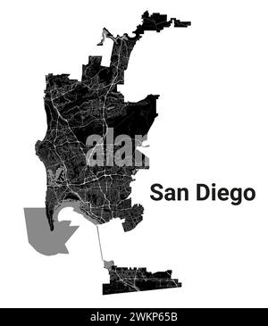 Plan de la ville de San Diego, États-Unis. Frontières administratives municipales, carte en noir et blanc avec rivières et routes, parcs et chemins de fer. Vecteur illust Illustration de Vecteur