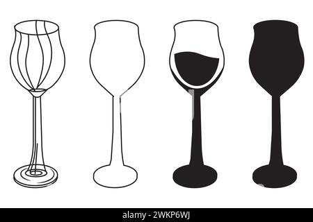Icônes de verres à vin avec des styles de doodle et de silhouette. Illustration vectorielle isolée sur fond blanc. Illustration de Vecteur