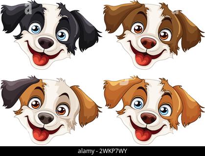 Quatre visages de chien de dessin animé ludiques exprimant la joie Illustration de Vecteur