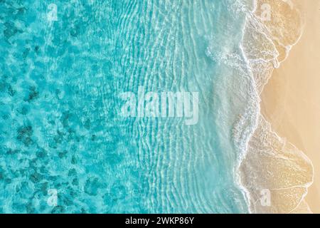 Plage aérienne tranquille et relaxante. Destination de vacances d'été. Les vagues de surf écrasent étonnant lagon bleu océan, rivage de la mer, littoral Banque D'Images