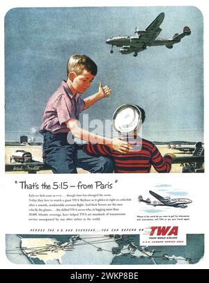 Publicité imprimée TWA 1951. Illustration de Ward Brackett '5:15 de Paris' Banque D'Images