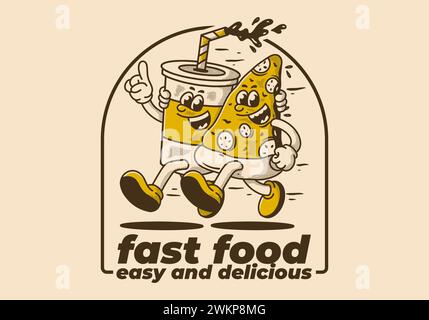 Restauration rapide, facile et délicieux. Illustration de personnage de mascotte de courir pizza et boisson non alcoolisée Illustration de Vecteur