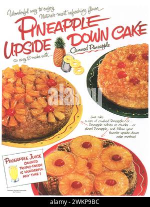 1953 annonce imprimée ananas en conserve. Gâteau à l'ananas renversé. Association des producteurs d'ananas Banque D'Images