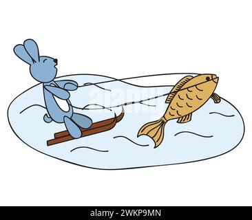 Un petit poisson monte un lièvre sur des skis nautiques. Illustration pour calendrier, livre pour enfants. Illustration vectorielle isolée sur blanc Illustration de Vecteur