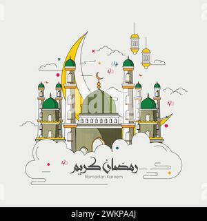 Ligne design minimaliste et épuré art Ramadan Kareem. Illustration de mosquée, croissant et éléments islamiques dans l'illustration vectorielle. Illustration de Vecteur
