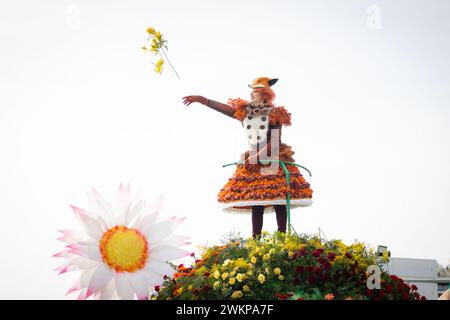 Nice, France. 21 février 2024. King of Pop premier défilé floral a lieu le 21 février 2024 à Nice, dans le sud de la France. Le Carnaval de Nice, premier carnaval international de France, est l'événement hivernal le plus important de la Côte d'Azur. Deux semaines de festivités donnent vie à la ville de Nice, les « défilés du Carnaval » (« Corsi ») jour et nuit, et les élégantes « défilés des fleurs » sont au programme. Photo Shootpix/ABACAPRESS.COM crédit : Abaca Press/Alamy Live News Banque D'Images
