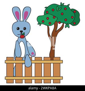 Lapin avec une pomme dans les dents grimpe au-dessus de la clôture. Illustration enfantine mignonne dans le style de bande dessinée isolé sur blanc Illustration de Vecteur