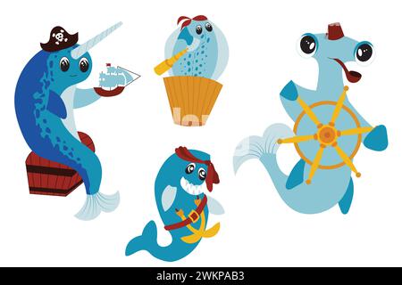 Fête de pirate, un ensemble d'éléments pour un anniversaire d'enfant. Pirates de poissons mignons. Personnages drôles dans le requin de style cartoon Illustration de Vecteur