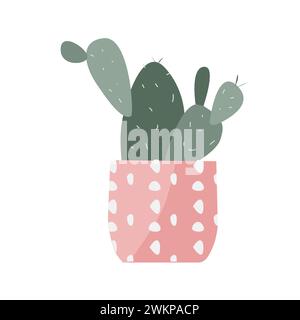 Cactus dans un style plat, plante maison cactus dans un pot rose. Illustration vectorielle isolée. Peut être utilisé pour carte de voeux, bannière, autocollant. Plante à la maison en pot doré décoratif. Illustration de Vecteur