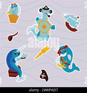 Ensemble de stickers de fête de pirate pour l'anniversaire des enfants. Pirates de poissons mignons. Personnages drôles dans le requin de style bande dessinée, narval, flet Illustration de Vecteur