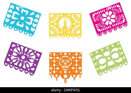 Un ensemble de décorations en papier pour la fête mexicaine jour des morts. Illustration vectorielle isolée sur fond blanc. Illustration de Vecteur