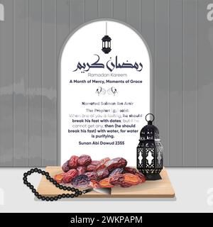 Jeûne et concept iftar au Ramadan Kareem, orné de dattes illustration et tasbih. L'illustration inclut le hadith sur le jeûne. Illustration de Vecteur