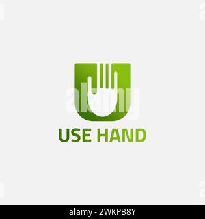 Logo de la lettre verte U avec espace négatif de la main. Illustration de Vecteur