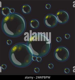 Bulles de savon réalistes avec des couleurs arc-en-ciel sur un fond noir. Illustration vectorielle. Illustration de Vecteur
