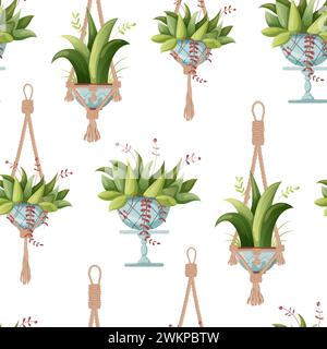 Motif sans couture. Plante d'intérieur et plante macramée poussant dans des pots. Ensemble de décorations de maison faites à la main plantes macramé isolé sur fond blanc. Dessin animé Illustration de Vecteur