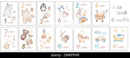 Cartes de jalon pour bébé avec illustrations et numéros de jouets pour enfants à l'aquarelle dessinés à la main. Ensemble de cartes d'anniversaire pour nouveau-né de 1 à 12 mois Banque D'Images