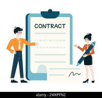 Concept de négociation de contrat. Professionnels avec un stylo géant et un contrat, mettant en valeur la finalisation de l'accord et la collaboration commerciale. Symbole de partenariat et de négociation. Illustration vectorielle plate Illustration de Vecteur