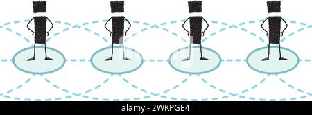 Silhouettes d'un groupe de figures de bâton reliées par des lignes. Représentation d'un réseau ou d'un réseau social. Illustration de Vecteur