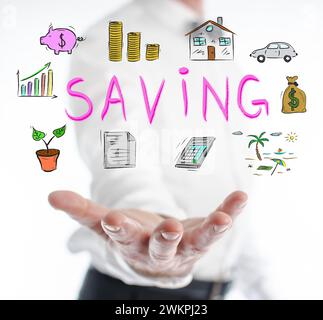 Concept de sauvegarde lévitant au-dessus d'une main d'un homme Banque D'Images