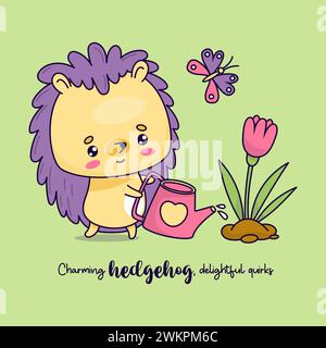 Joli jardinier de hérisson. Animal de dessin animé avec papillon et arrosage de jardin peut fleurs d'eau. Illustration vectorielle. Personnage animal kawaii drôle. Enfants Illustration de Vecteur