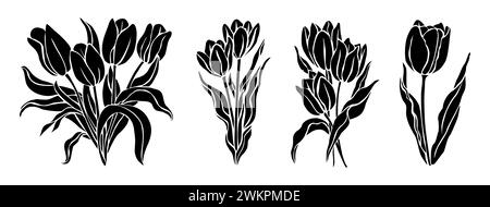 Ensemble de silhouettes de tulipes, fleurs de naissance d'avril. Illustration de Vecteur