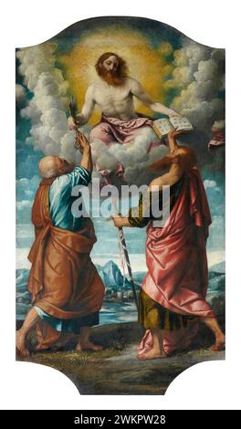 Cristo consegna le chiavi a S. Pietro e la legge a S. Paolo - olio su tela - Alessandro Bonvicino detto il Moretto - 1540 - Rodengo (BS), Abbazie Banque D'Images