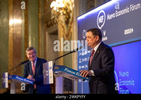 Madrid, Espagne. 22 février 2024. Luis Planas, ministre de l’Agriculture, de la pêche et de l’alimentation, intervient lors d’un petit-déjeuner informatif organisé par le Forum de la Nouvelle économie à Madrid. Crédit : SOPA images Limited/Alamy Live News Banque D'Images