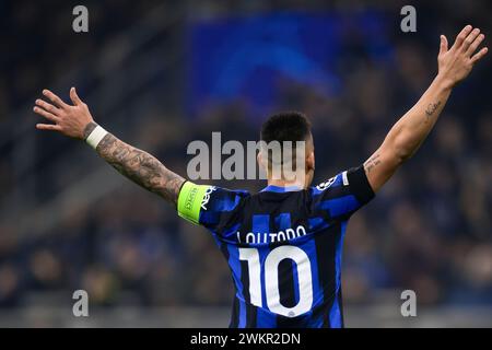 Milan, Italie. 20 février 2024. Lautaro Martinez du FC Internazionale réagit lors du match de football de l'UEFA Champions League entre le FC Internazionale et le Club Atletico de Madrid. Crédit : Nicolò Campo/Alamy Live News Banque D'Images