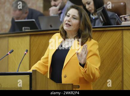 Séville, 02/07/2024. Plénière au Parlement. Sur l'image, la ministre de l'Agriculture, de la pêche, de l'eau et du développement rural, Carmen Crespo. Validation du quatrième décret andalou sur la sécheresse. Photo : Raúl Doblado. ARCHSEV. Crédit : album / Archivo ABC / Raúl Doblado Banque D'Images