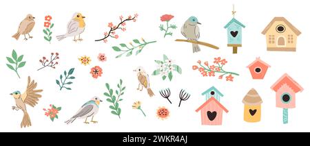 Ensemble de printemps d'oiseau et de fleurs, nichoirs pour la conception. Illustration vectorielle dans un style plat. Les animaux de printemps et les branches, nichoirs peuvent être utilisés pour les cartes, les autocollants, les affiches, les modèles. bannières Illustration de Vecteur