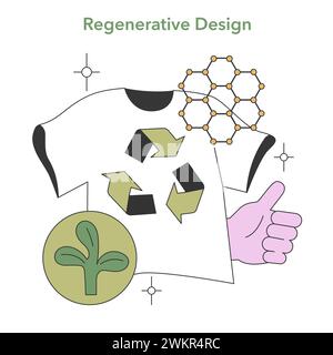 Icône conception régénérative. Un T-shirt et un pouce vers le haut, intégrant des motifs recyclés et organiques, incarnent un impact environnemental positif. Illustration vectorielle plate Illustration de Vecteur