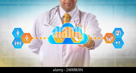 Médecin méconnaissable utilisant un logiciel basé sur le cloud pour une analyse plus rapide des informations génomiques pour décider du traitement médicamenteux d'un patient masculin. Concept de Banque D'Images