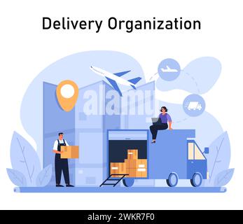 Concept d'organisation de prestation. Logistique et distribution mondiales efficaces avec un accent sur le transport rapide, représenté par des solutions de fret multimodal. Illustration vectorielle plate Illustration de Vecteur